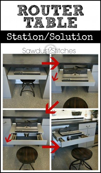 This is awesome! A pull out router table that locks in place, with plenty of bit storage! www.sawdust2stitches.com